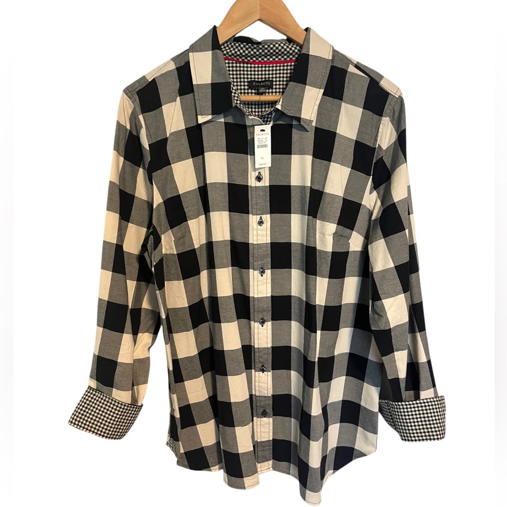 Talbots Button Down Black White Buffalo Plaid Size XL Long Sleeve NWT